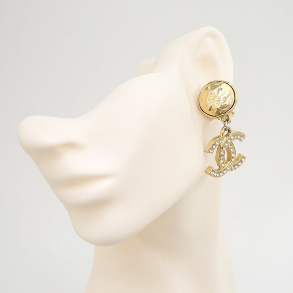CHANEL CC Logos Rhinestone Round Drop Earrings Gold Tone Auth - Picture 1 of 5